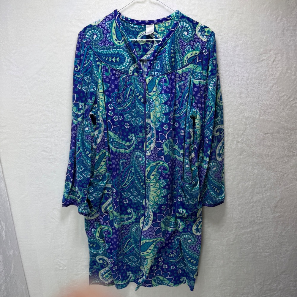 Lissome Womens XL Blue Paisley Fleece Long Sleeve Lounge Robe Soft Cozy